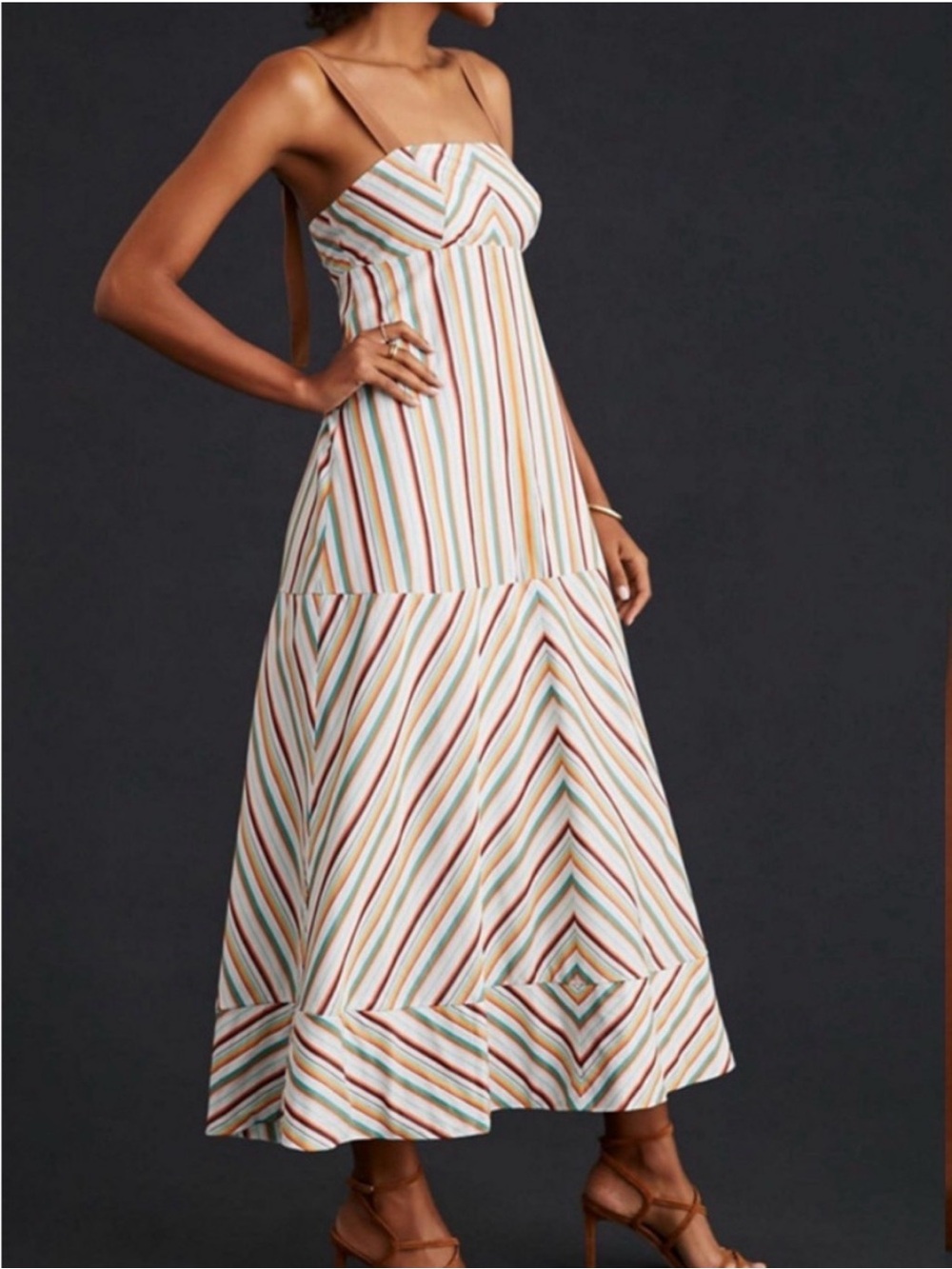 Maeve Anthropologie Size 8 Square Neck Striped Midi Dress Multicolor Geo Pattern